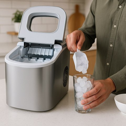 Kostkarka do lodu 2,2L 12kg/24h srebrna kompaktowa 2 rozmiary kostek