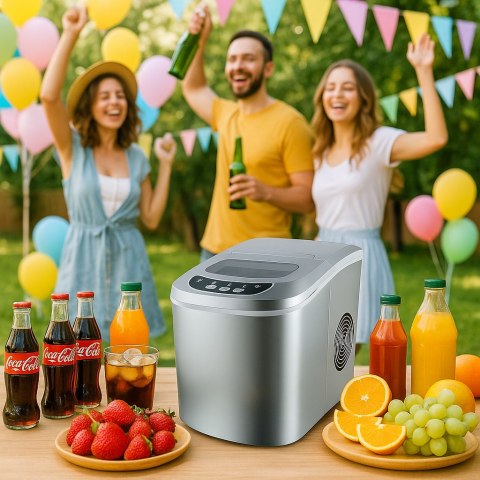 Kostkarka do lodu 2,2L 12kg/24h srebrna kompaktowa 2 rozmiary kostek